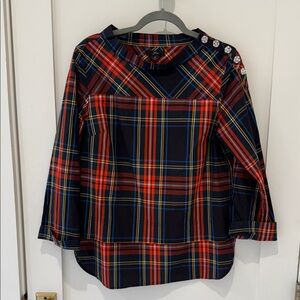 J. Crew Red and Blue Plaid Blouse with Button Accents